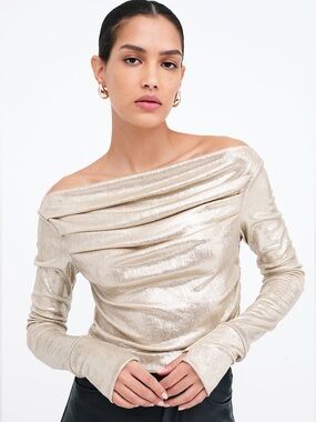 Marcella NYC Cooper Sparkly Lurex Long Sleeve Boatneck Top Stardust Size XS